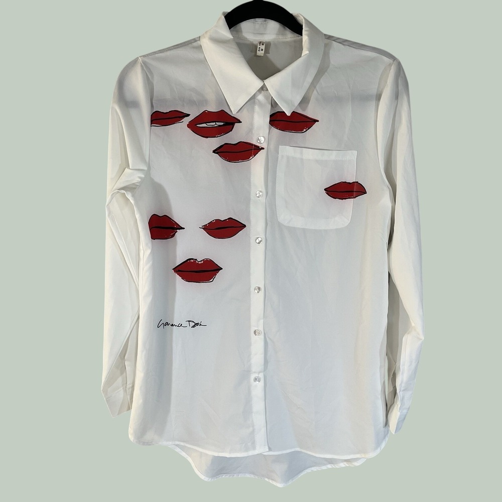 Garance Dore x Zara Collab Button Up Sz M 100% Cotton Lips Parisian Chic RARE